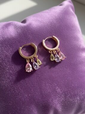 Gold Plated Multicoloured CZ Teardrop Huggie Earrings. New.